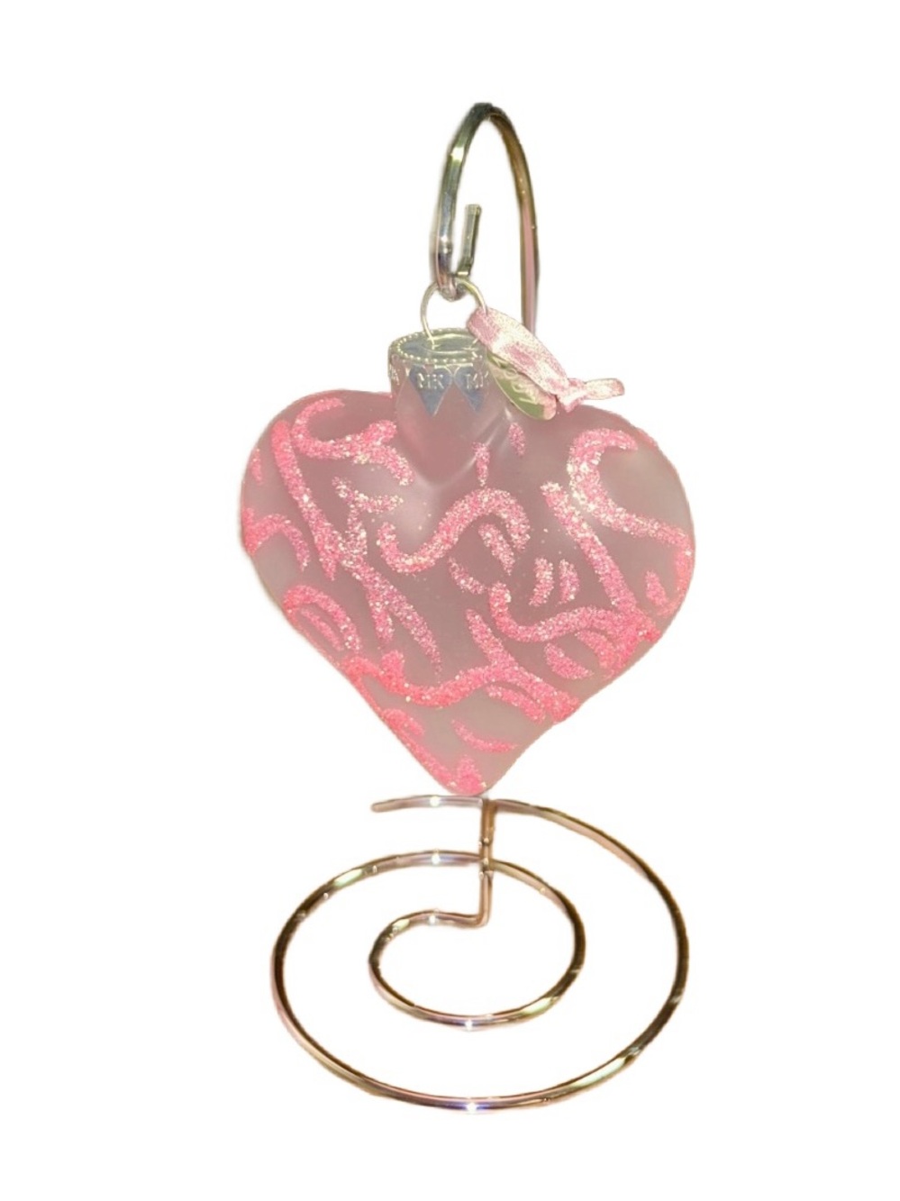 Mary Kay ~ 2007 ~ Pink Heart W/ Glitter Glass Ornament ~ New W/ Box & Stand